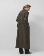 Long coat in brown herringbone cloth with shine