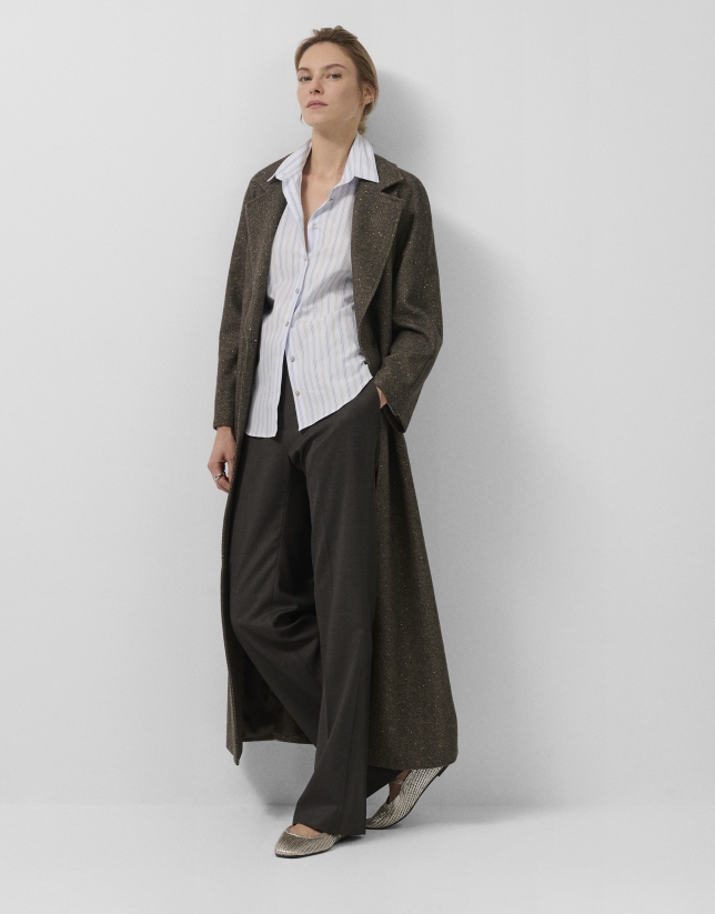 Long coat in brown herringbone cloth with shine