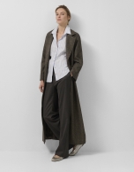 Long coat in brown herringbone cloth with shine