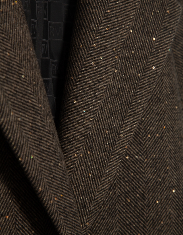 Long coat in brown herringbone cloth with shine