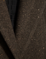 Long coat in brown herringbone cloth with shine