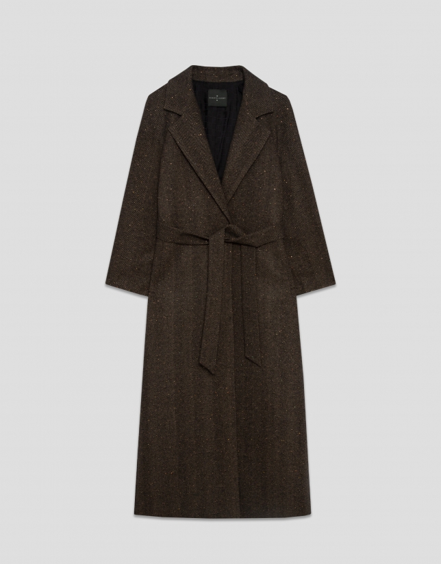 Long coat in brown herringbone cloth with shine