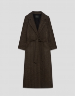 Long coat in brown herringbone cloth with shine