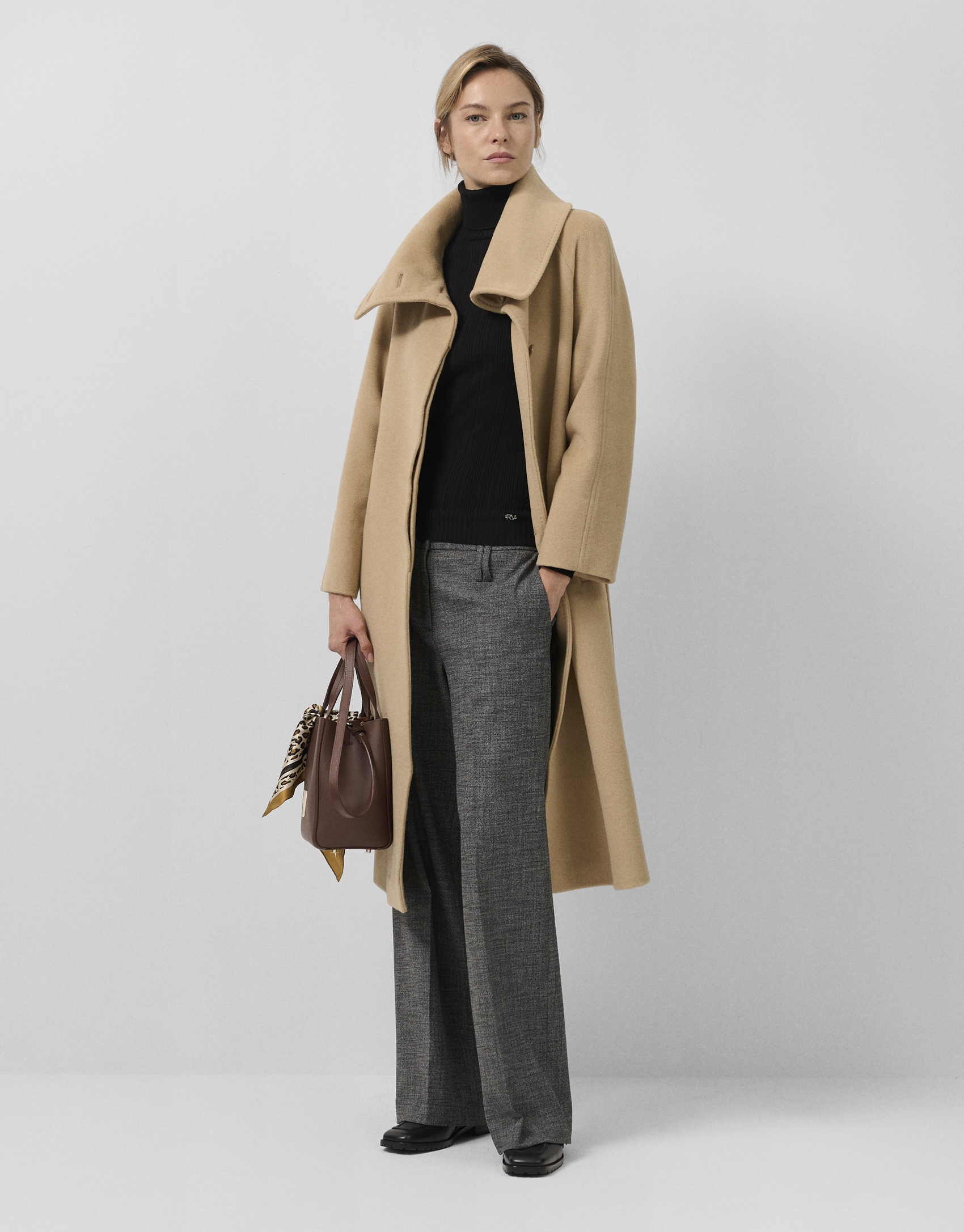 Camel wool long coat with wrap-around collar