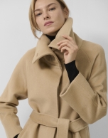 Camel wool long coat with wrap-around collar