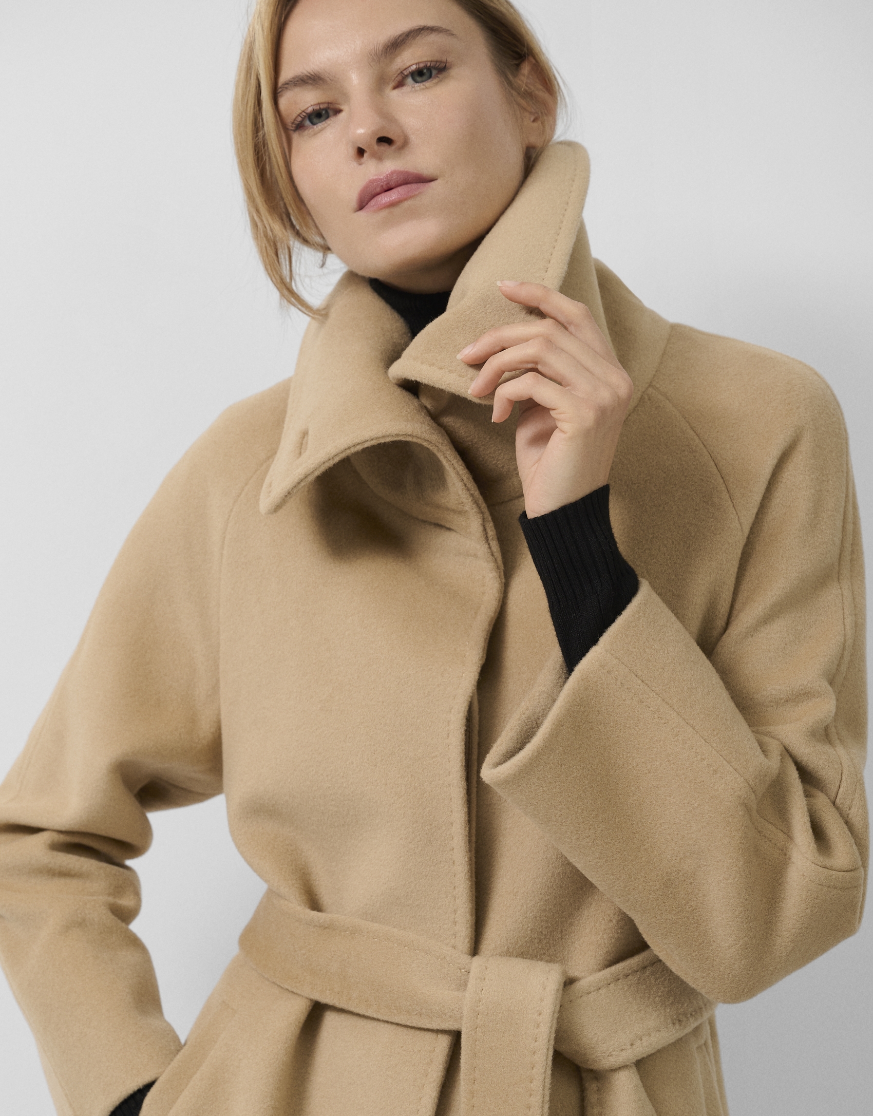 Camel wool long coat with wrap-around collar