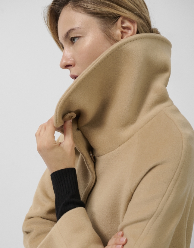 Camel wool long coat with wrap-around collar