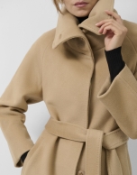 Camel wool long coat with wrap-around collar