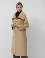 Camel wool long coat with wrap-around collar