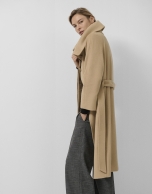 Camel wool long coat with wrap-around collar