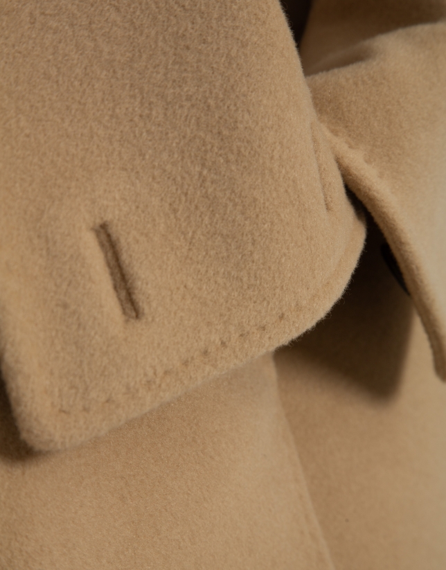 Camel wool long coat with wrap-around collar