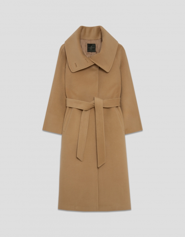 Camel wool long coat with wrap-around collar