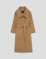 Camel wool long coat with wrap-around collar