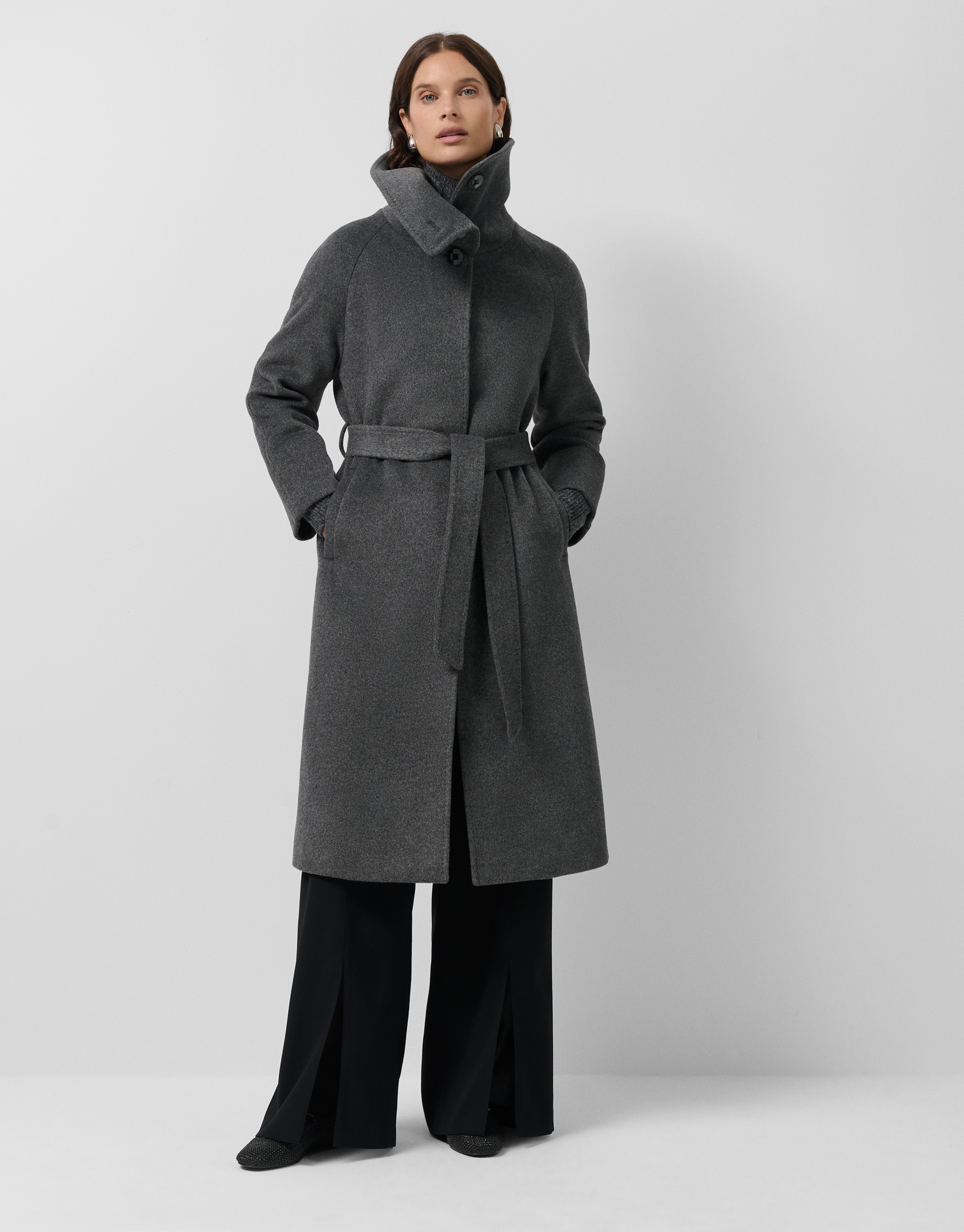 Long coat with a wraparound collar and grey wool