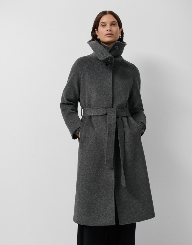 Long coat with a wraparound collar and grey wool