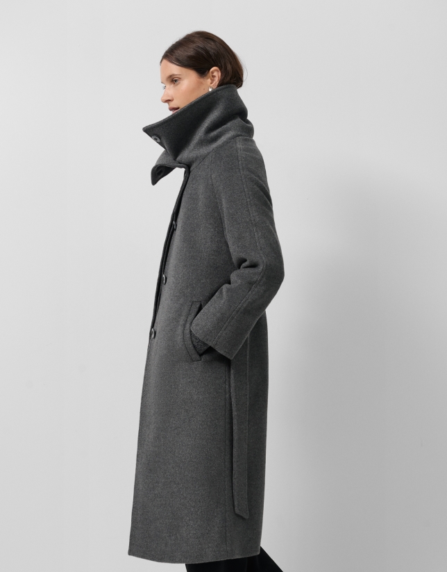 Long coat with a wraparound collar and grey wool