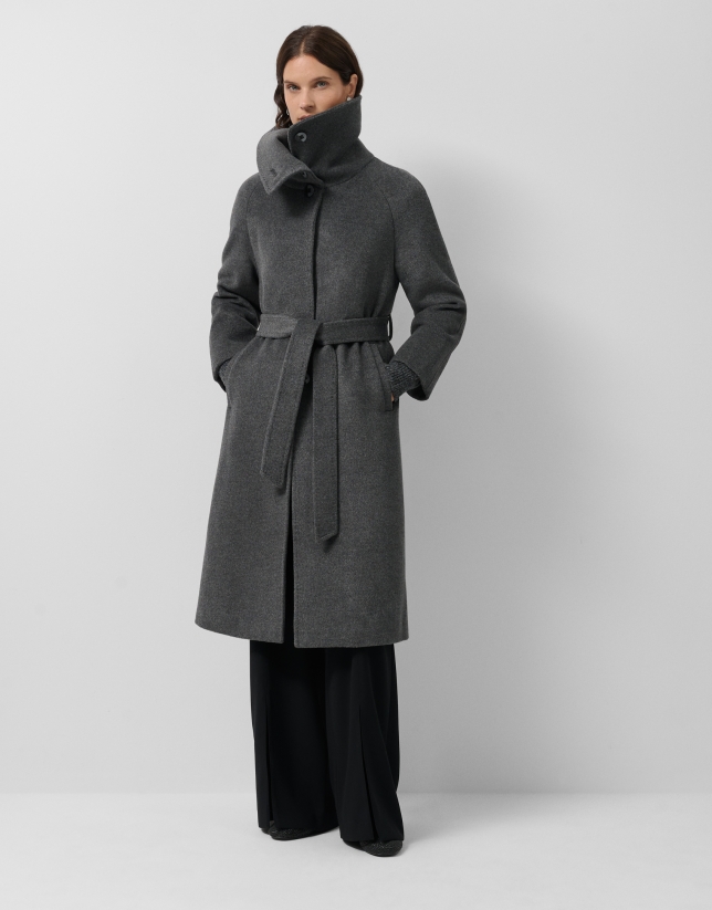Long coat with a wraparound collar and grey wool