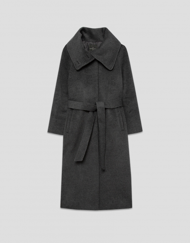 Long coat with a wraparound collar and grey wool