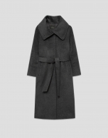 Long coat with a wraparound collar and grey wool
