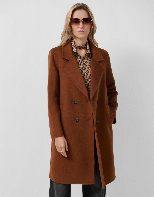 Light brown double-breasted three-quarter length coat