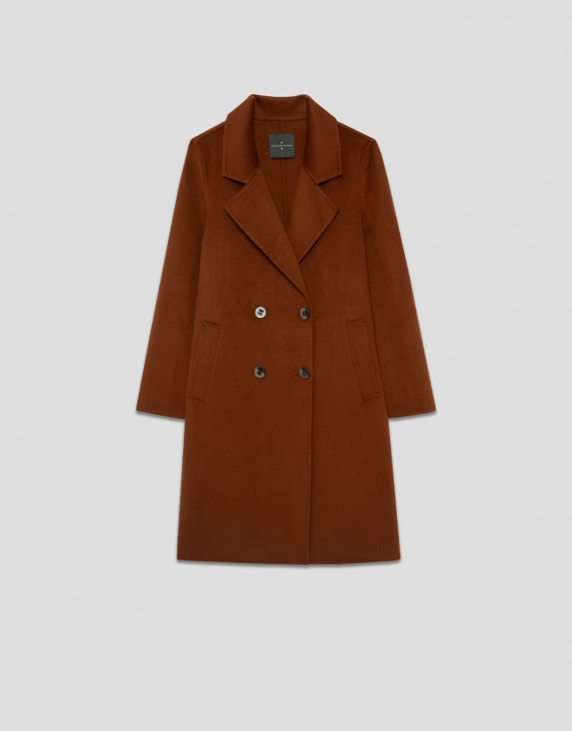 Light brown double-breasted three-quarter length coat