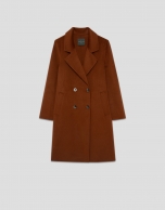 Light brown double-breasted three-quarter length coat