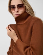 Light brown double-breasted three-quarter length coat
