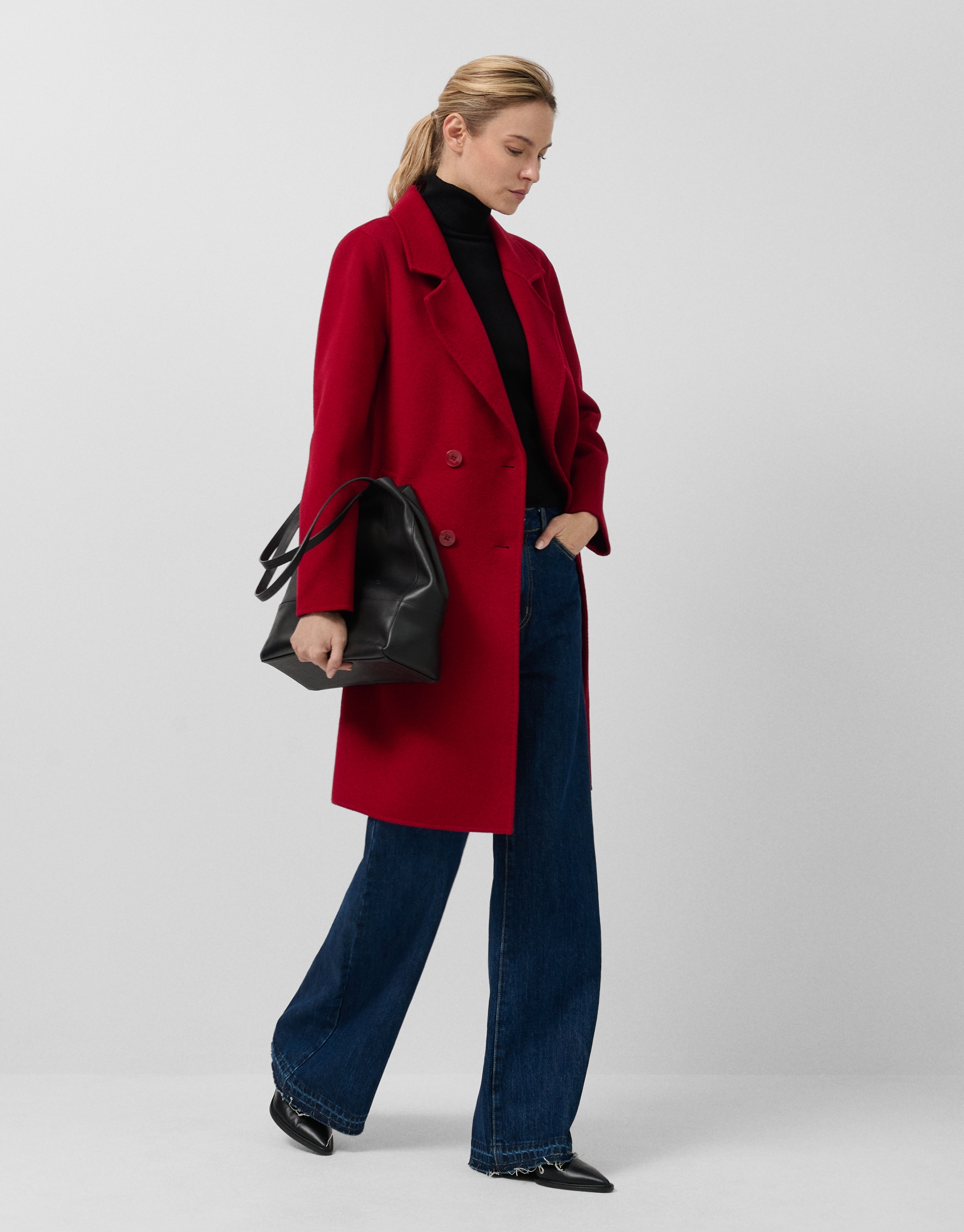 Red double-faced three-quarter length double-breasted coat