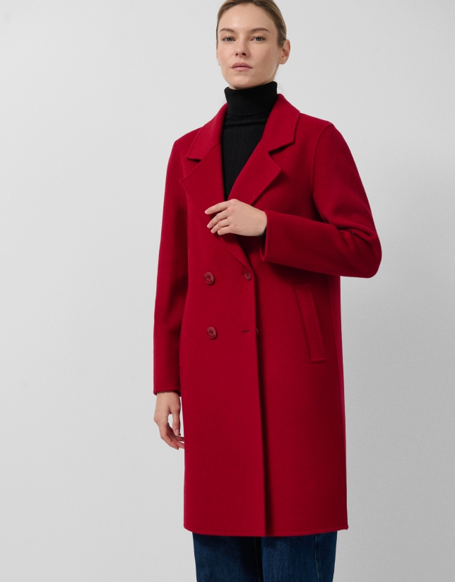 Red double-faced three-quarter length double-breasted coat