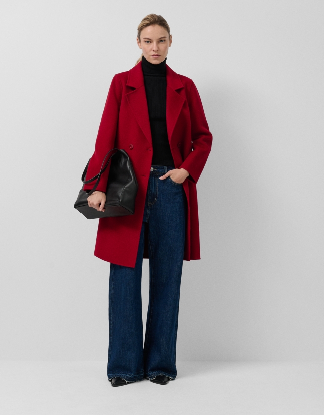 Red double-faced three-quarter length double-breasted coat