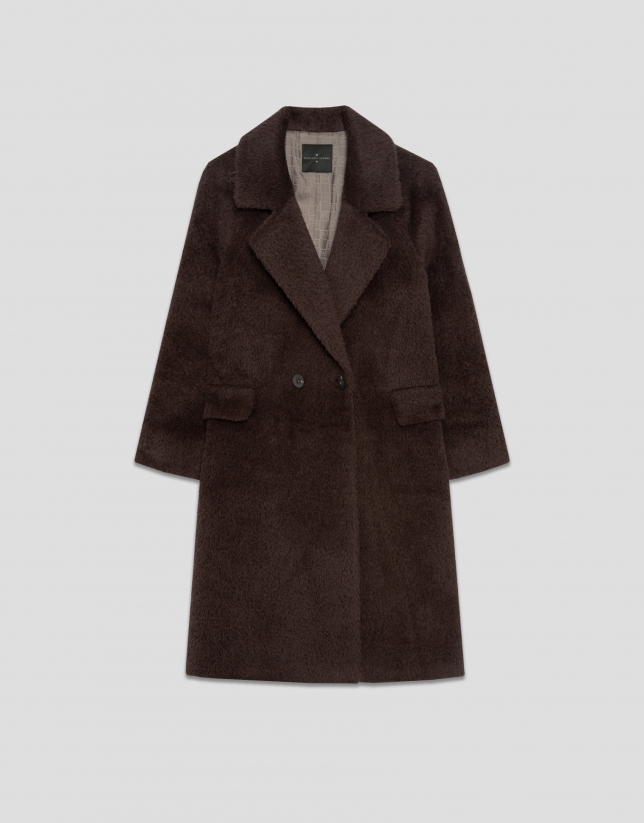 Long brown wool and alpaca double-breasted coat
