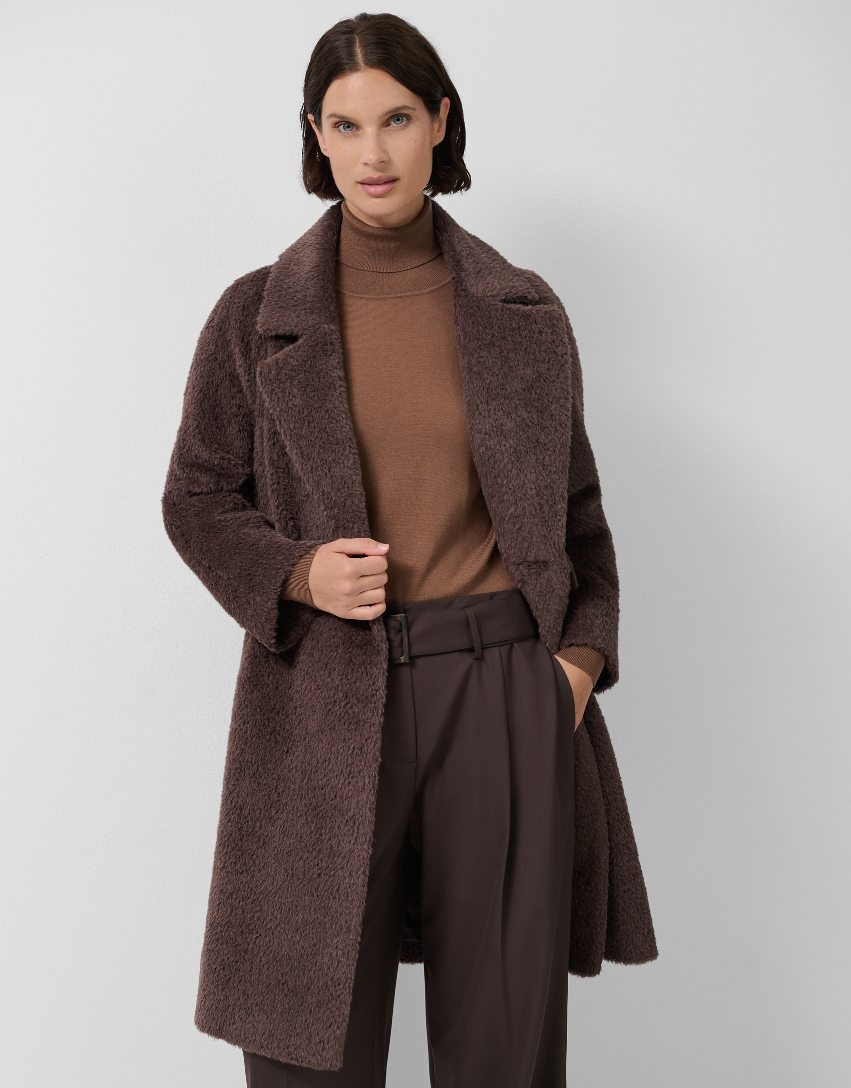 Long brown wool and alpaca double-breasted coat
