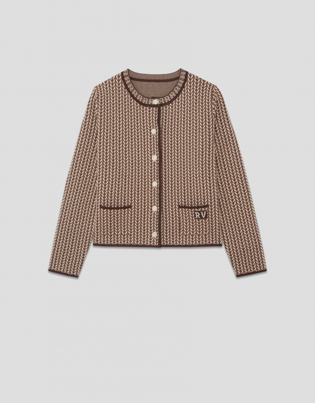 Beige and ecru herringbone jacquard jacket