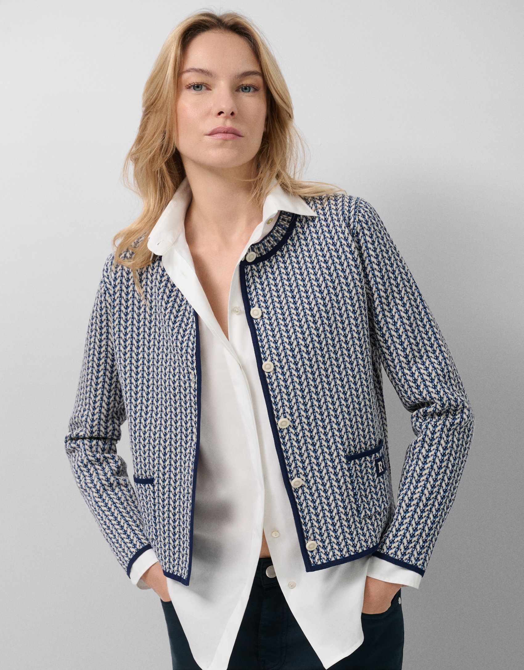 Blue and ecru herringbone jacquard jacket