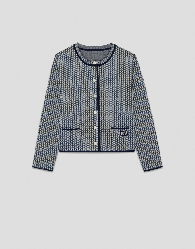 Blue and ecru herringbone jacquard jacket