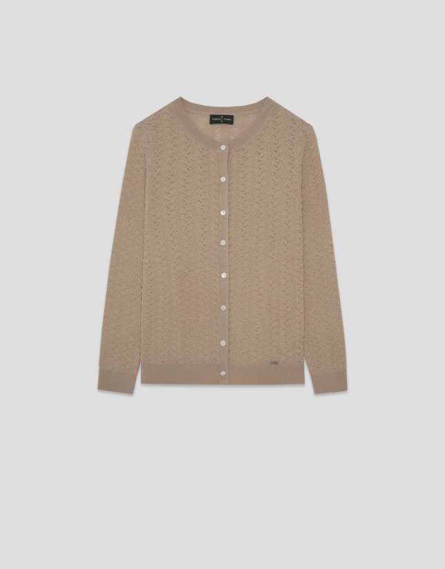 Chaqueta punto lana espiga calada beige