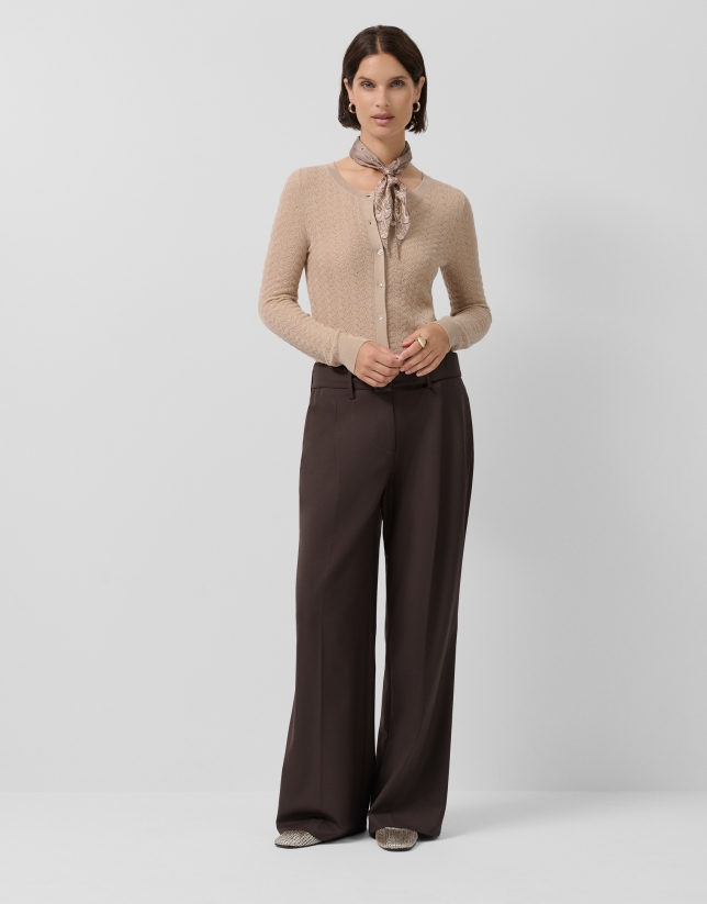 Chaqueta punto lana espiga calada beige