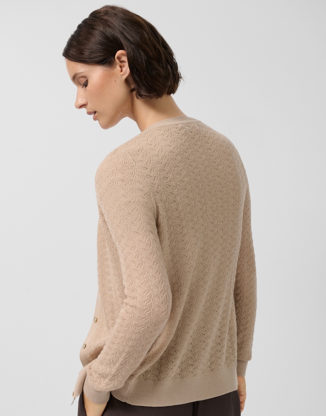 Chaqueta punto lana espiga calada beige