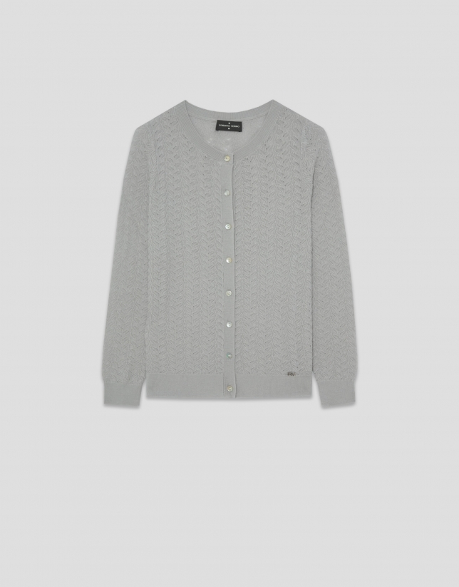 Gray openwork herringbone wool knit jacket