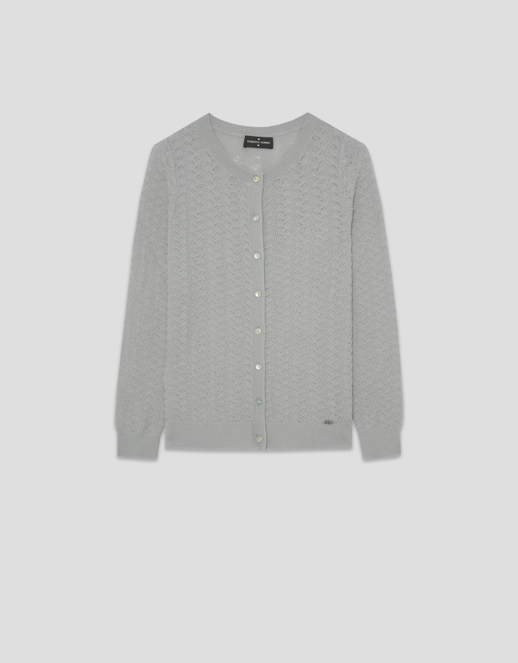 Gray openwork herringbone wool knit jacket
