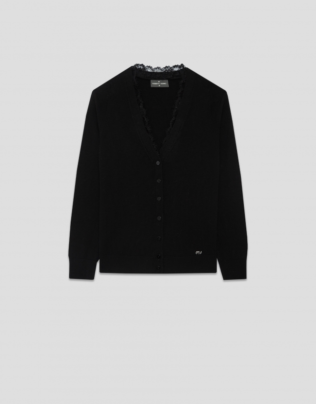 Chaqueta punto fino escote pico y encaje