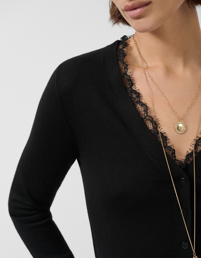 Fine knit jacket with V-neck and lace
