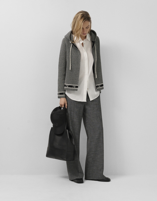 Grey herringbone jacquard knit sweatshirt jacket