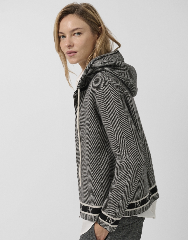 Grey herringbone jacquard knit sweatshirt jacket