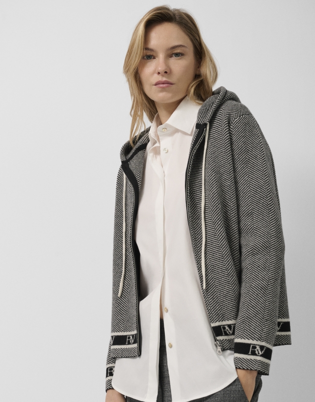 Grey herringbone jacquard knit sweatshirt jacket
