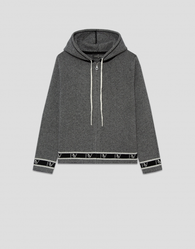 Grey herringbone jacquard knit sweatshirt jacket