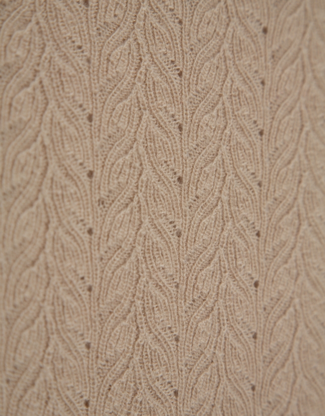 Camiseta manga corta punto lana espiga calada beige
