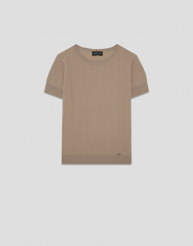 Camiseta manga corta punto lana espiga calada beige