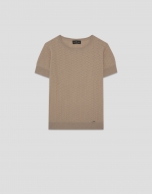 Camiseta manga corta punto lana espiga calada beige