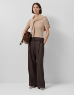 Beige openwork herringbone wool knit short-sleeved T-shirt